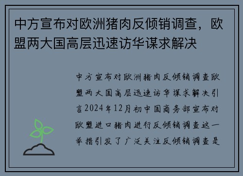 中方宣布对欧洲猪肉反倾销调查，欧盟两大国高层迅速访华谋求解决