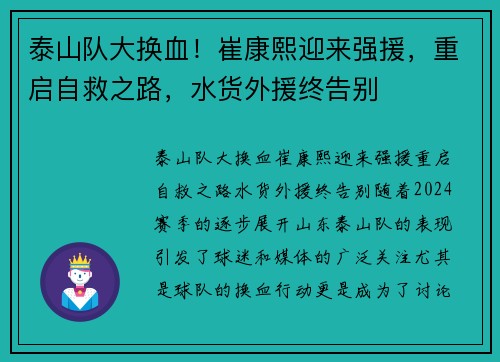 泰山队大换血！崔康熙迎来强援，重启自救之路，水货外援终告别