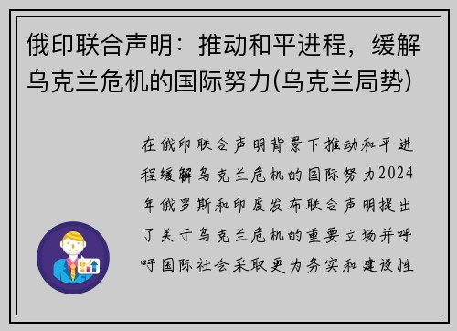 俄印联合声明：推动和平进程，缓解乌克兰危机的国际努力(乌克兰局势)
