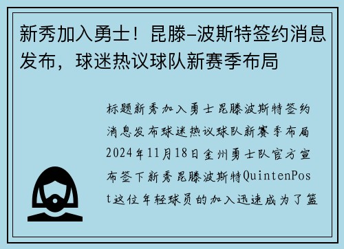 新秀加入勇士！昆滕-波斯特签约消息发布，球迷热议球队新赛季布局