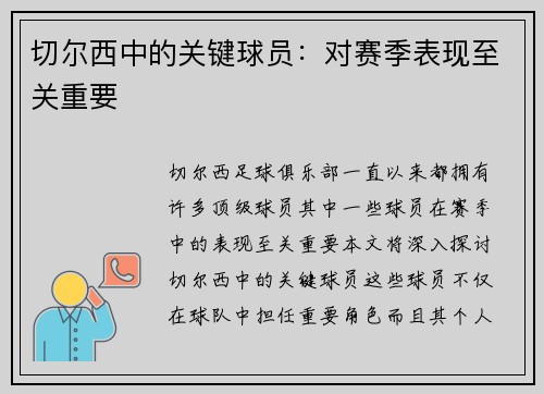 切尔西中的关键球员：对赛季表现至关重要