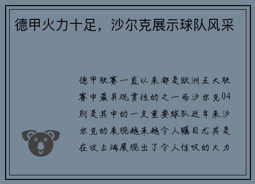 德甲火力十足，沙尔克展示球队风采