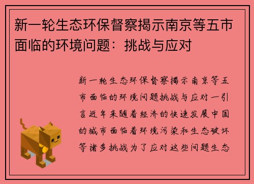新一轮生态环保督察揭示南京等五市面临的环境问题：挑战与应对