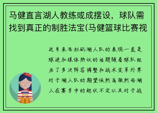 马健直言湖人教练或成摆设，球队需找到真正的制胜法宝(马健篮球比赛视频)