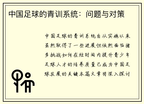 中国足球的青训系统：问题与对策