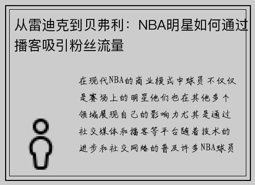 从雷迪克到贝弗利：NBA明星如何通过播客吸引粉丝流量