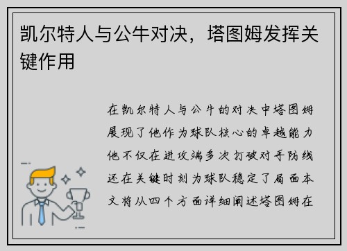 凯尔特人与公牛对决，塔图姆发挥关键作用
