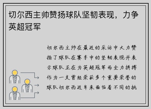 切尔西主帅赞扬球队坚韧表现,力争英超冠军 切尔西主帅赞扬球队坚韧表现,力争英超冠军