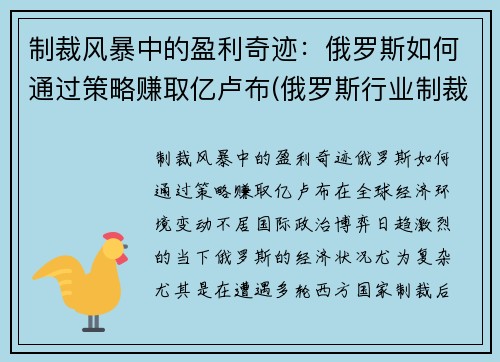 制裁风暴中的盈利奇迹：俄罗斯如何通过策略赚取亿卢布(俄罗斯行业制裁名单)