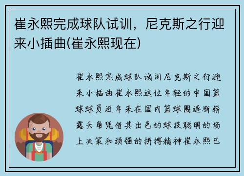 崔永熙完成球队试训，尼克斯之行迎来小插曲(崔永熙现在)