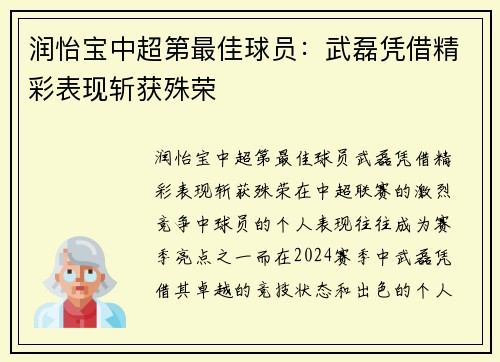 润怡宝中超第最佳球员：武磊凭借精彩表现斩获殊荣