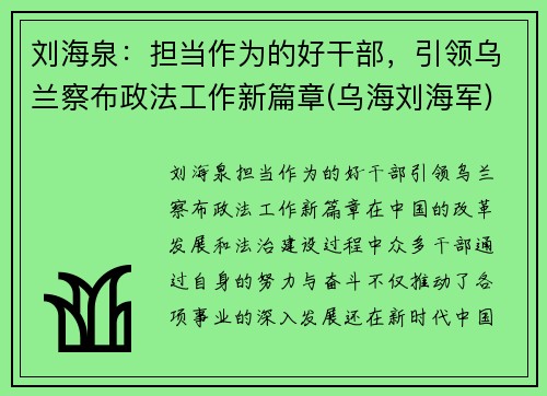 刘海泉：担当作为的好干部，引领乌兰察布政法工作新篇章(乌海刘海军)