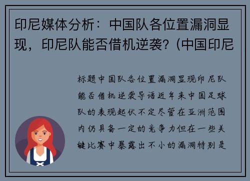 印尼媒体分析：中国队各位置漏洞显现，印尼队能否借机逆袭？(中国印尼对阵)